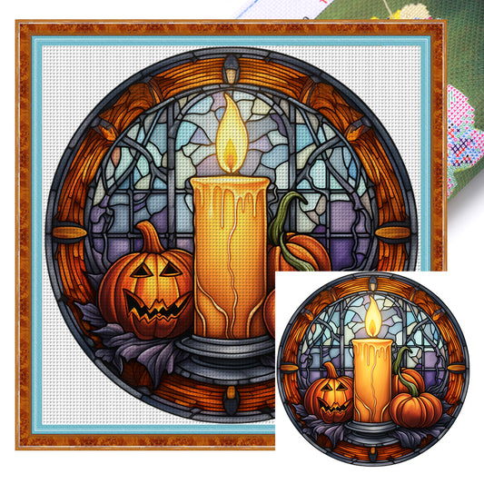 Glass Painting-Halloween Pumpkin Candle - 18CT Stamped Cross Stitch 25*25CM
