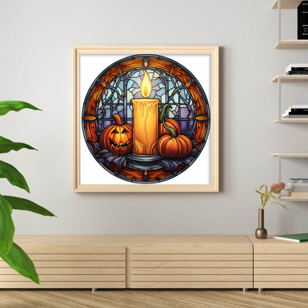 Glass Painting-Halloween Pumpkin Candle - 18CT Stamped Cross Stitch 25*25CM