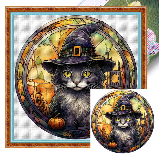 Glass Painting-Halloween Cat - 18CT Stamped Cross Stitch 25*25CM
