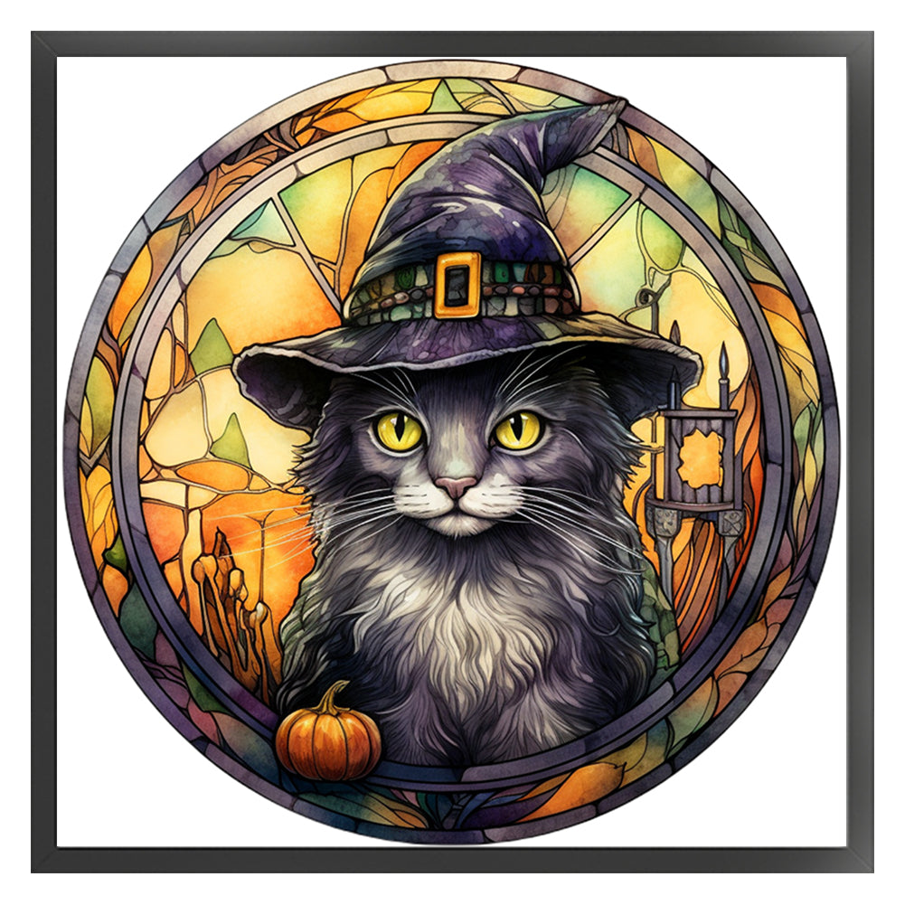 Glass Painting-Halloween Cat - 18CT Stamped Cross Stitch 25*25CM