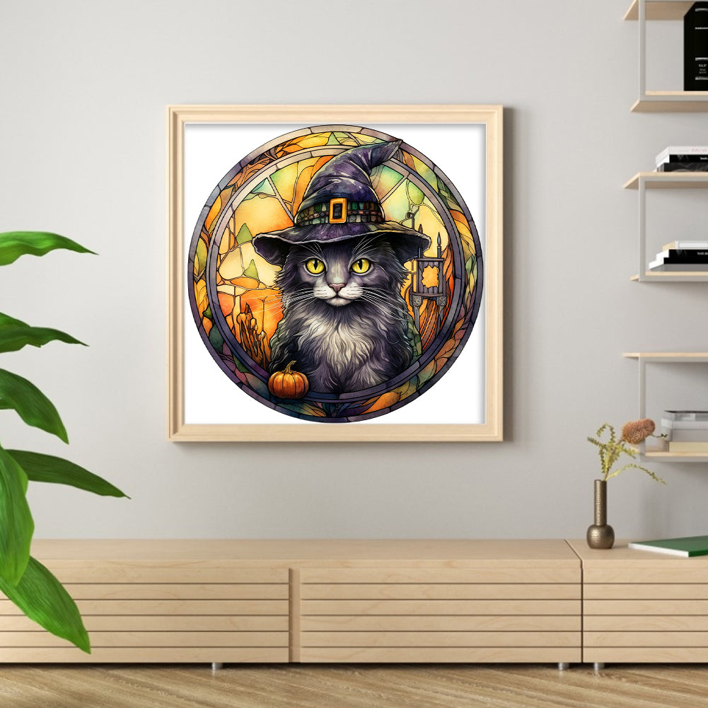 Glass Painting-Halloween Cat - 18CT Stamped Cross Stitch 25*25CM