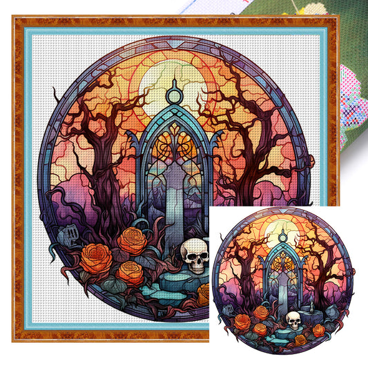Glass Painting-Halloween Forest Skeleton - 18CT Stamped Cross Stitch 25*25CM