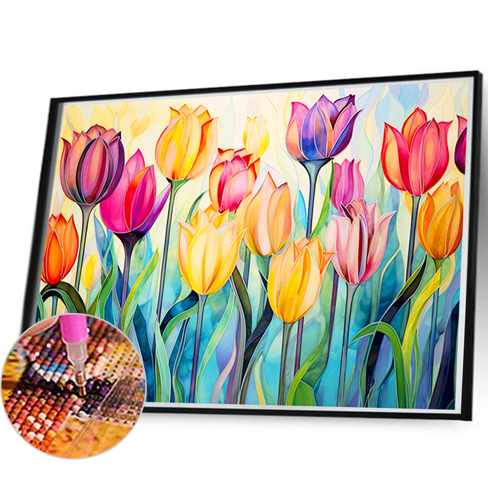 Glass Painting Tulip Field - Full Round Drill Diamond Painting 60*40CM