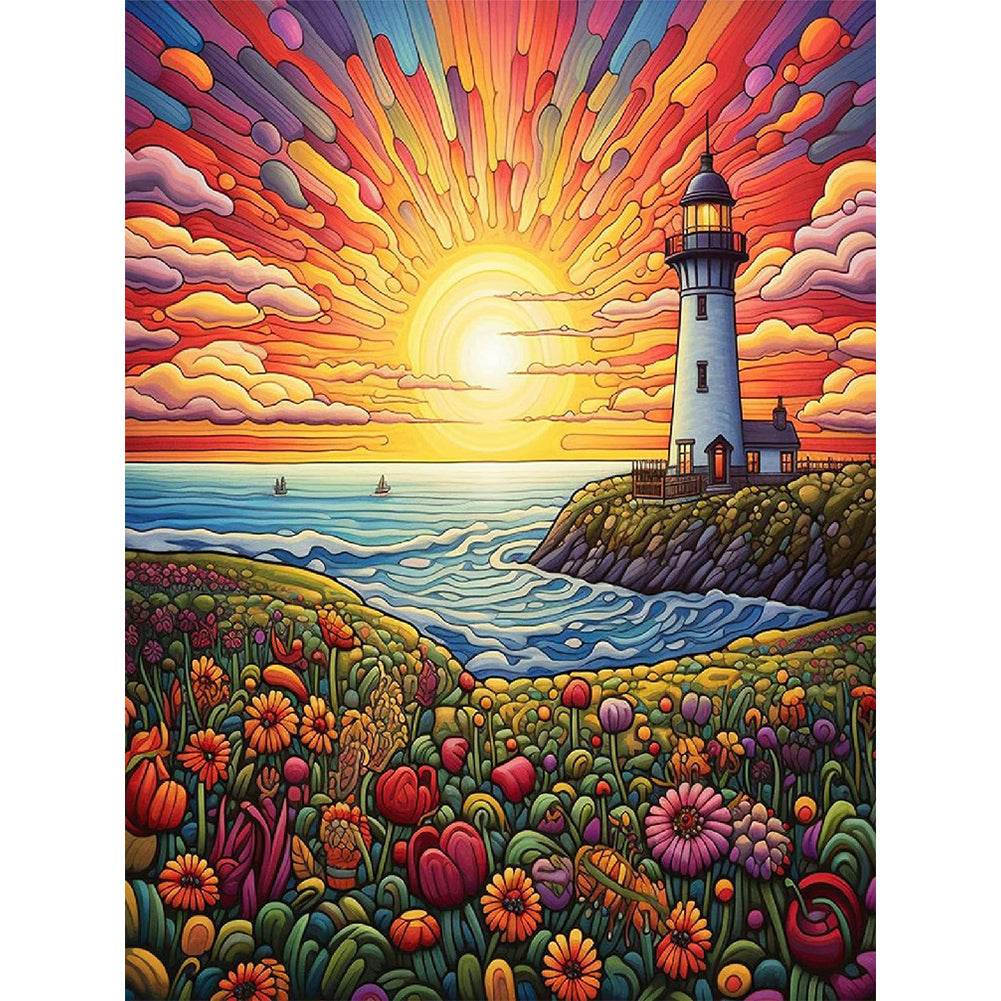 Hillside Lake Sea - Full Round Drill Diamond Painting 30*40CM