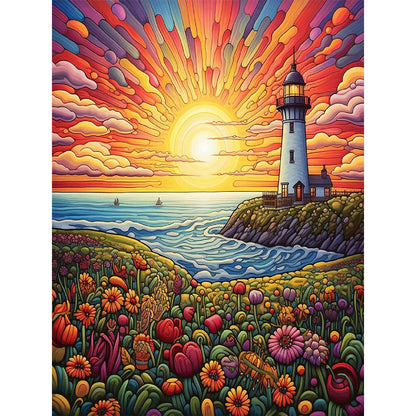 Hillside Lake Sea - Full Round Drill Diamond Painting 30*40CM