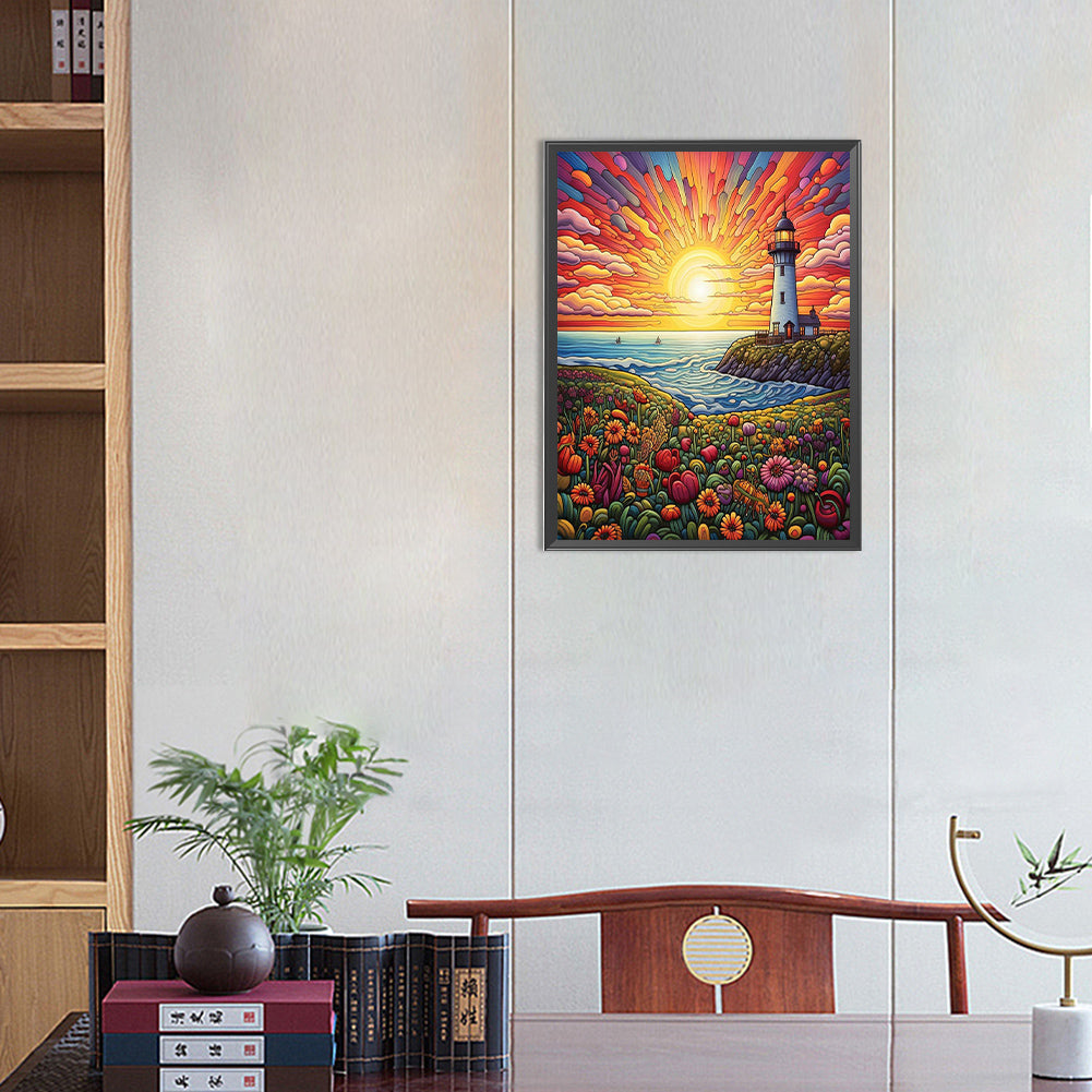 Hillside Lake Sea - Full Round Drill Diamond Painting 30*40CM