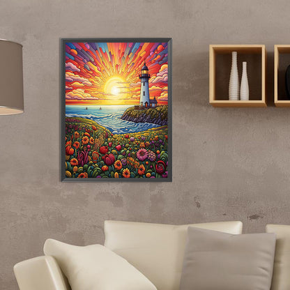 Hillside Lake Sea - Full Round Drill Diamond Painting 30*40CM