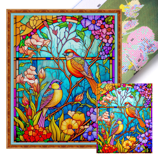 Glass Painting-Flowers And Birds - 14CT Stamped Cross Stitch 40*50CM