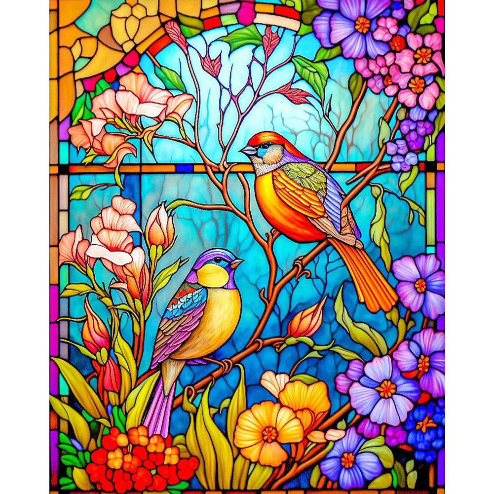 Glass Painting-Flowers And Birds - 14CT Stamped Cross Stitch 40*50CM