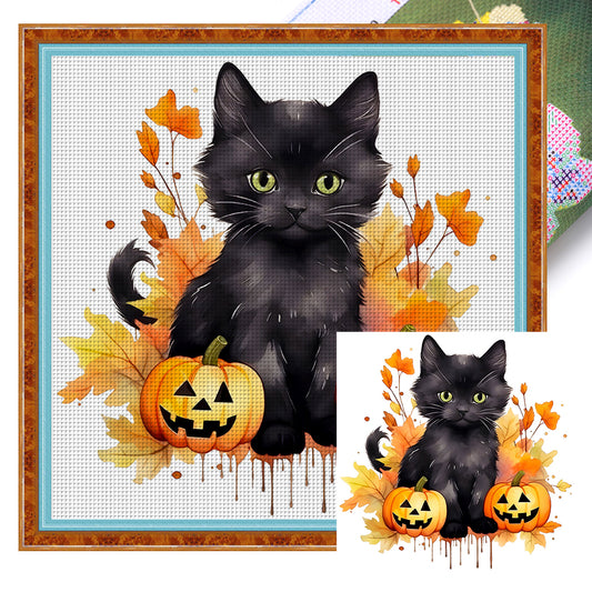 Halloween Pumpkin And Black Cat - 18CT Stamped Cross Stitch 25*25CM