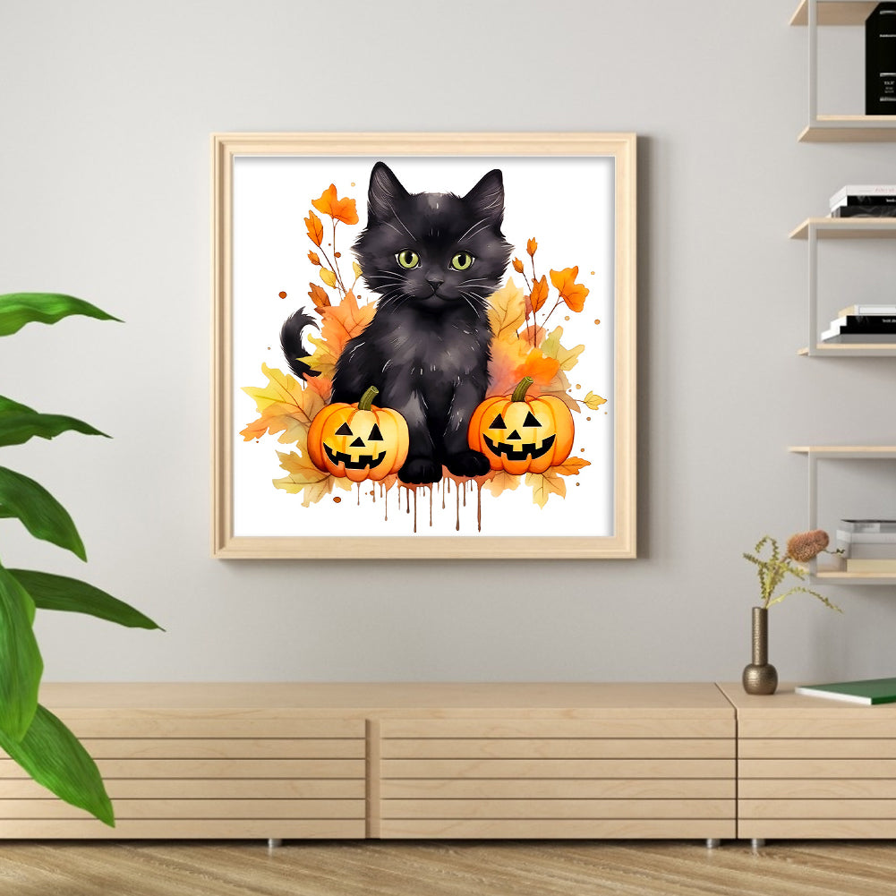 Halloween Pumpkin And Black Cat - 18CT Stamped Cross Stitch 25*25CM