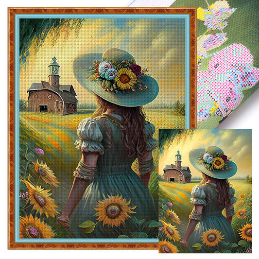 Sunflower Girl Back View - 11CT Stamped Cross Stitch 40*55CM