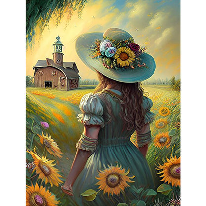 Sunflower Girl Back View - 11CT Stamped Cross Stitch 40*55CM