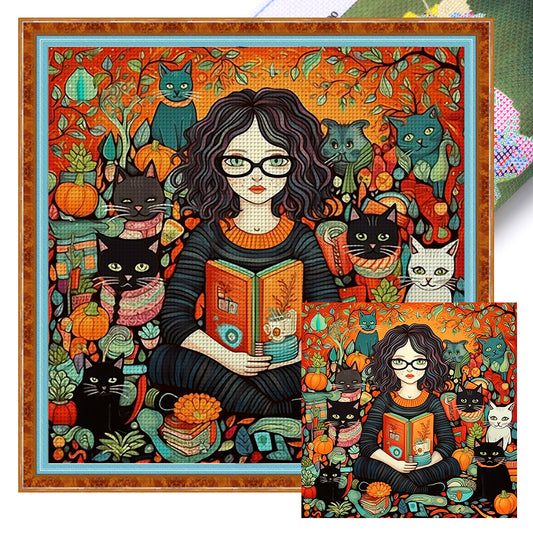 Girl And Black Cat - 11CT Stamped Cross Stitch 70*70CM