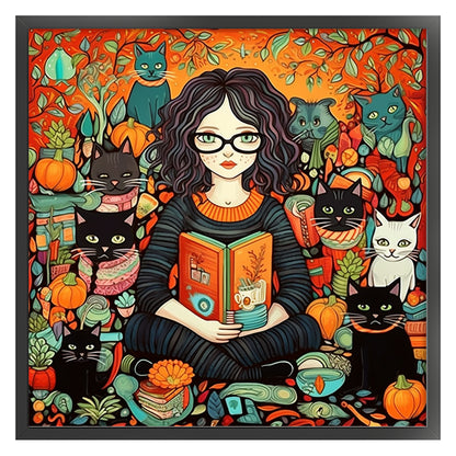 Girl And Black Cat - 11CT Stamped Cross Stitch 70*70CM