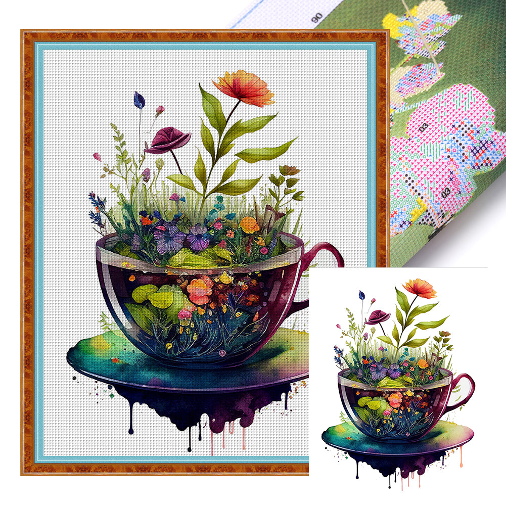 Tea Cup Flowers - 14CT Stamped Cross Stitch 40*50CM