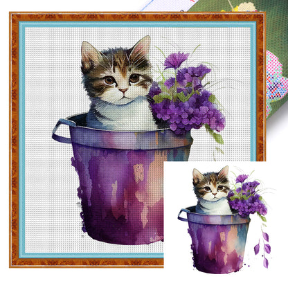 Tea Cup Flowers Cat - 11CT Stamped Cross Stitch 50*50CM