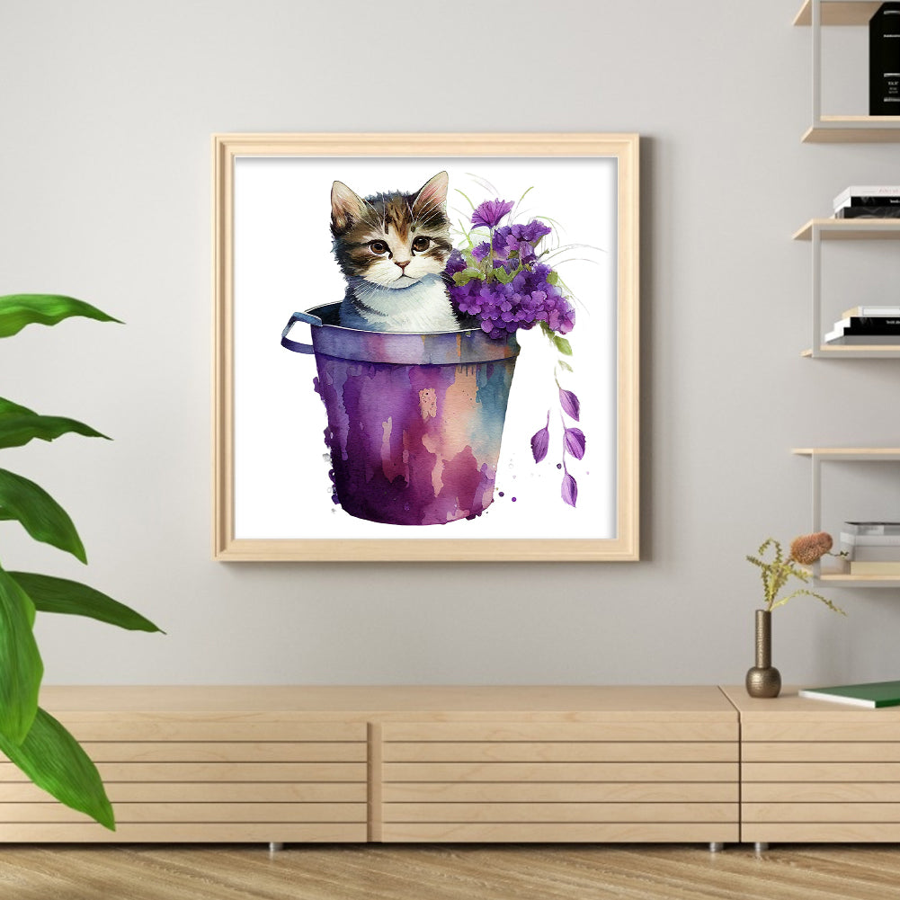 Tea Cup Flowers Cat - 11CT Stamped Cross Stitch 50*50CM