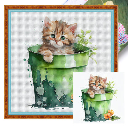 Tea Cup Flowers Cat - 11CT Stamped Cross Stitch 50*50CM