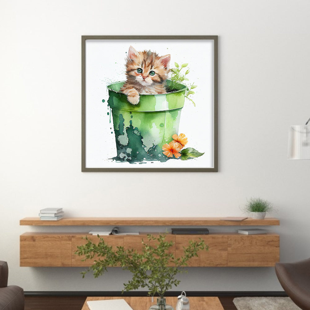 Tea Cup Flowers Cat - 11CT Stamped Cross Stitch 50*50CM