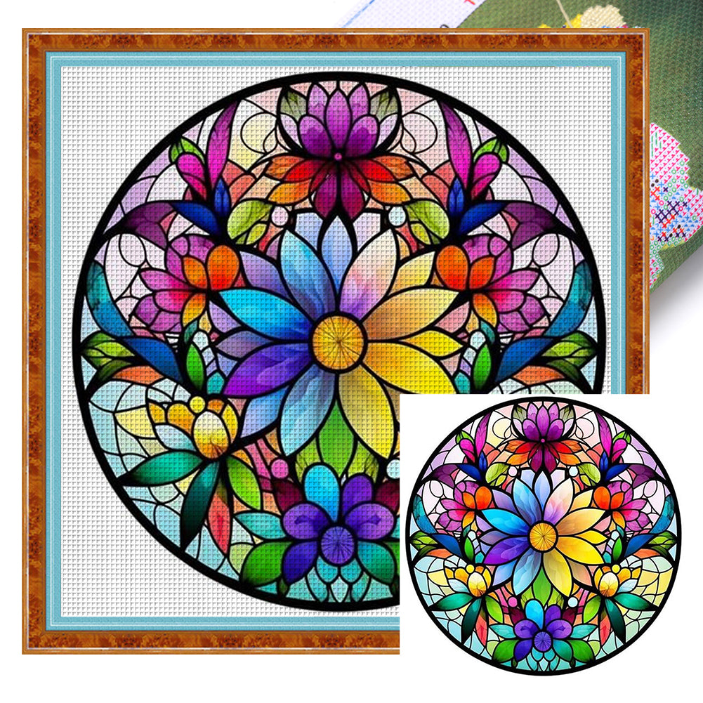 Glass Painting-Colorful Flowers - 11CT Stamped Cross Stitch 40*40CM