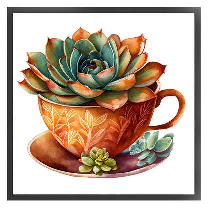 Tea Cup Succulent - 11CT Stamped Cross Stitch 50*50CM