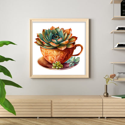 Tea Cup Succulent - 11CT Stamped Cross Stitch 50*50CM