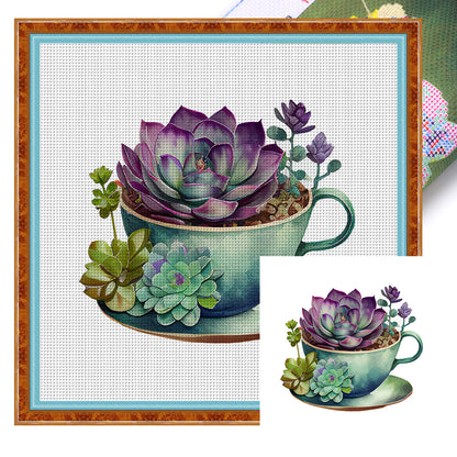 Tea Cup Succulent - 11CT Stamped Cross Stitch 50*50CM