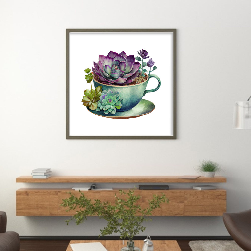 Tea Cup Succulent - 11CT Stamped Cross Stitch 50*50CM