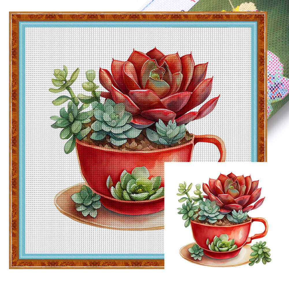 Tea Cup Succulent - 11CT Stamped Cross Stitch 50*50CM