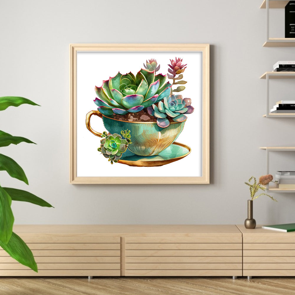 Tea Cup Succulent - 11CT Stamped Cross Stitch 50*50CM