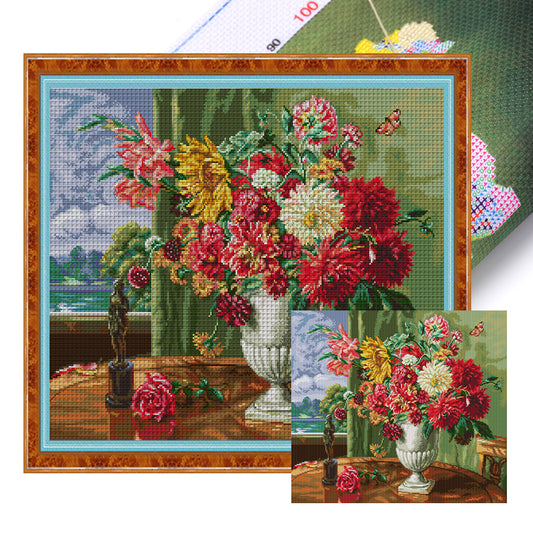 Flowers In Front Of Oil Painting Window - 14CT Stamped Cross Stitch 53*46CM(Joy Sunday)