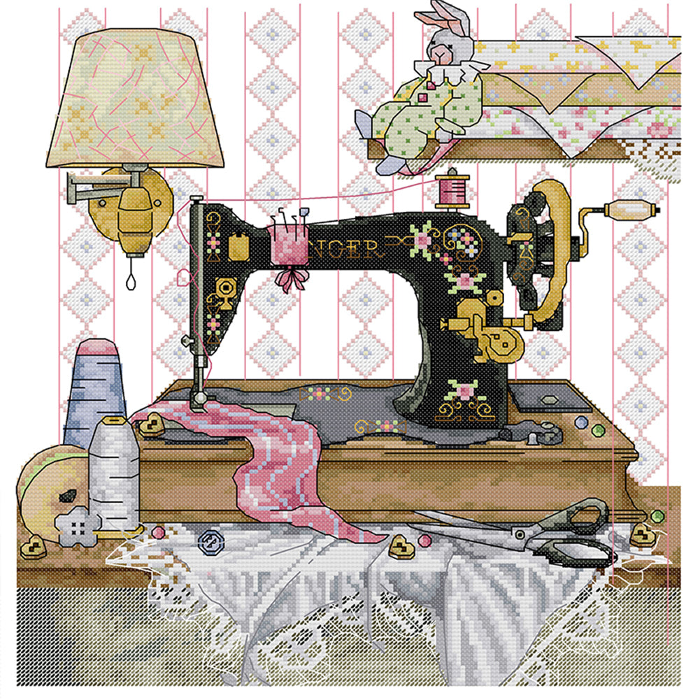 Sewing Machine And Yellow Wall Lamp - 14CT Stamped Cross Stitch 37*38CM(Joy Sunday)