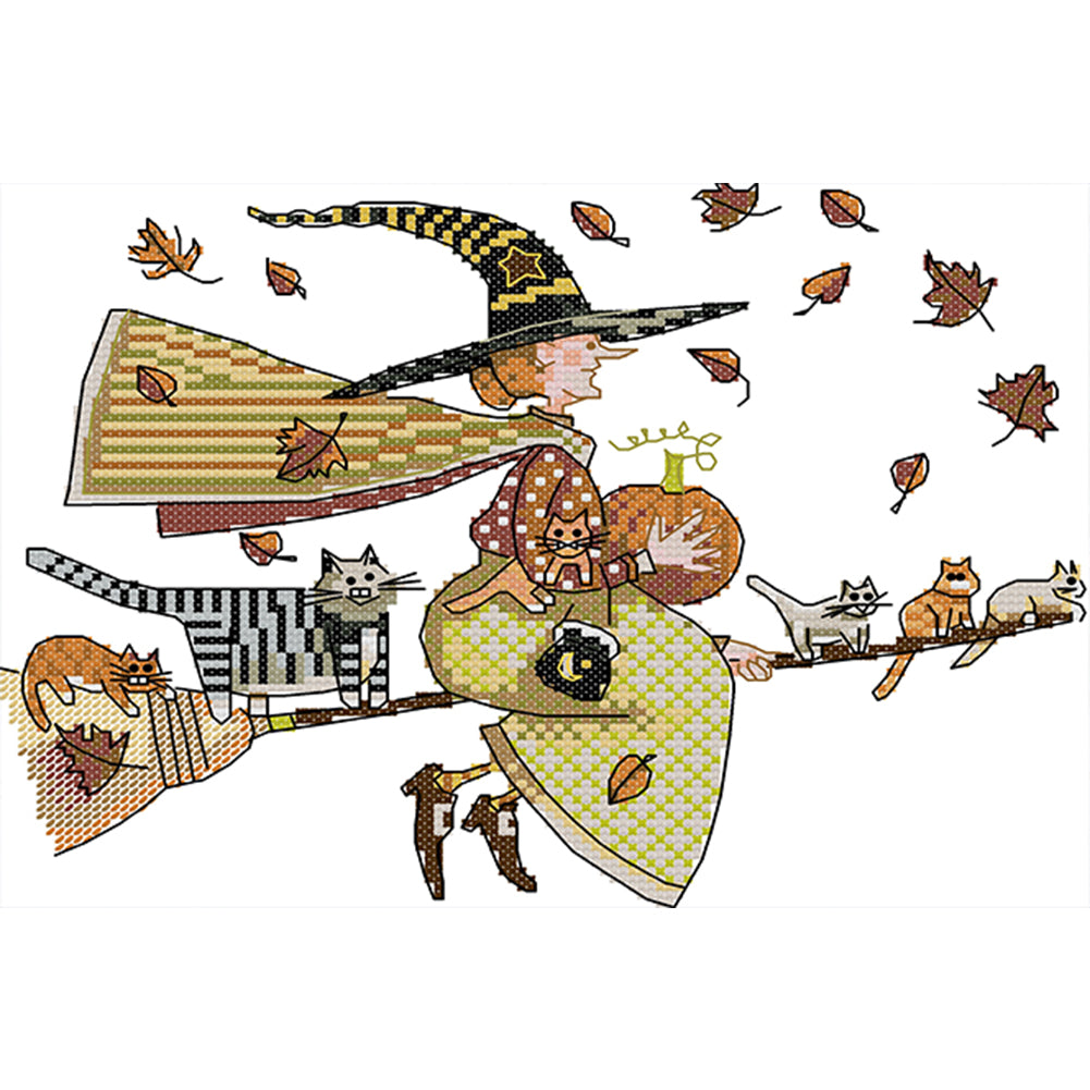 Witch And Cat - 14CT Stamped Cross Stitch 29*21CM(Joy Sunday)