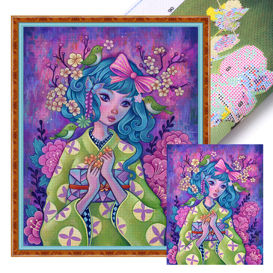 Cartoon Little Girl With Flowers - 11CT Stamped Cross Stitch 40*50CM