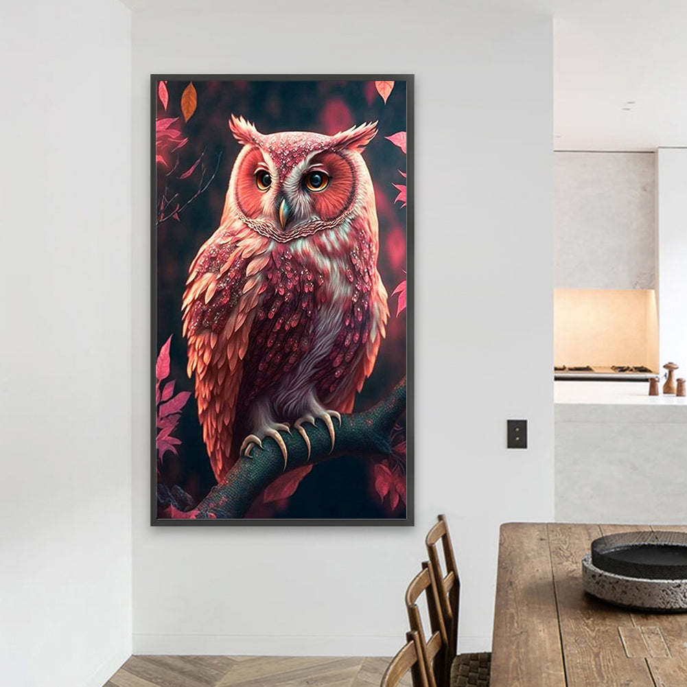 Pink Owl Standing On A Branch - Full Square Drill Diamond Painting 40*70CM