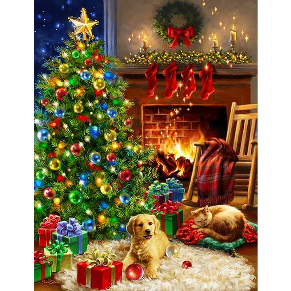 Christmas Fireplace Puppy - Full Square Drill Diamond Painting 30*40CM