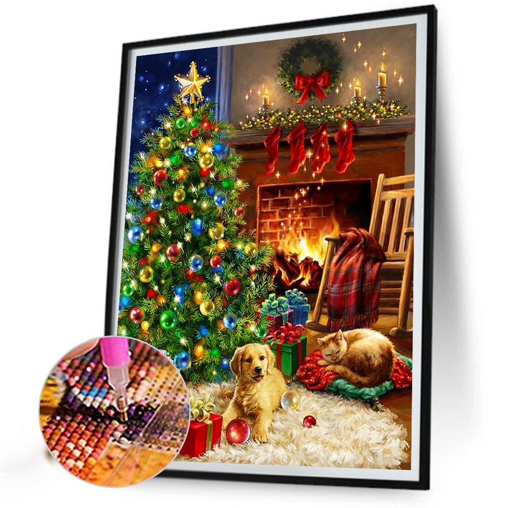 Christmas Fireplace Puppy - Full Square Drill Diamond Painting 30*40CM