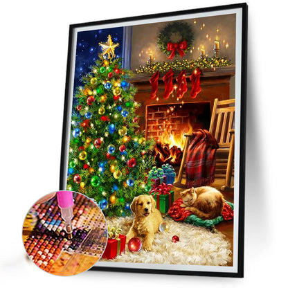 Christmas Fireplace Puppy - Full Square Drill Diamond Painting 30*40CM