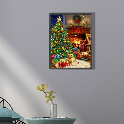 Christmas Fireplace Puppy - Full Square Drill Diamond Painting 30*40CM