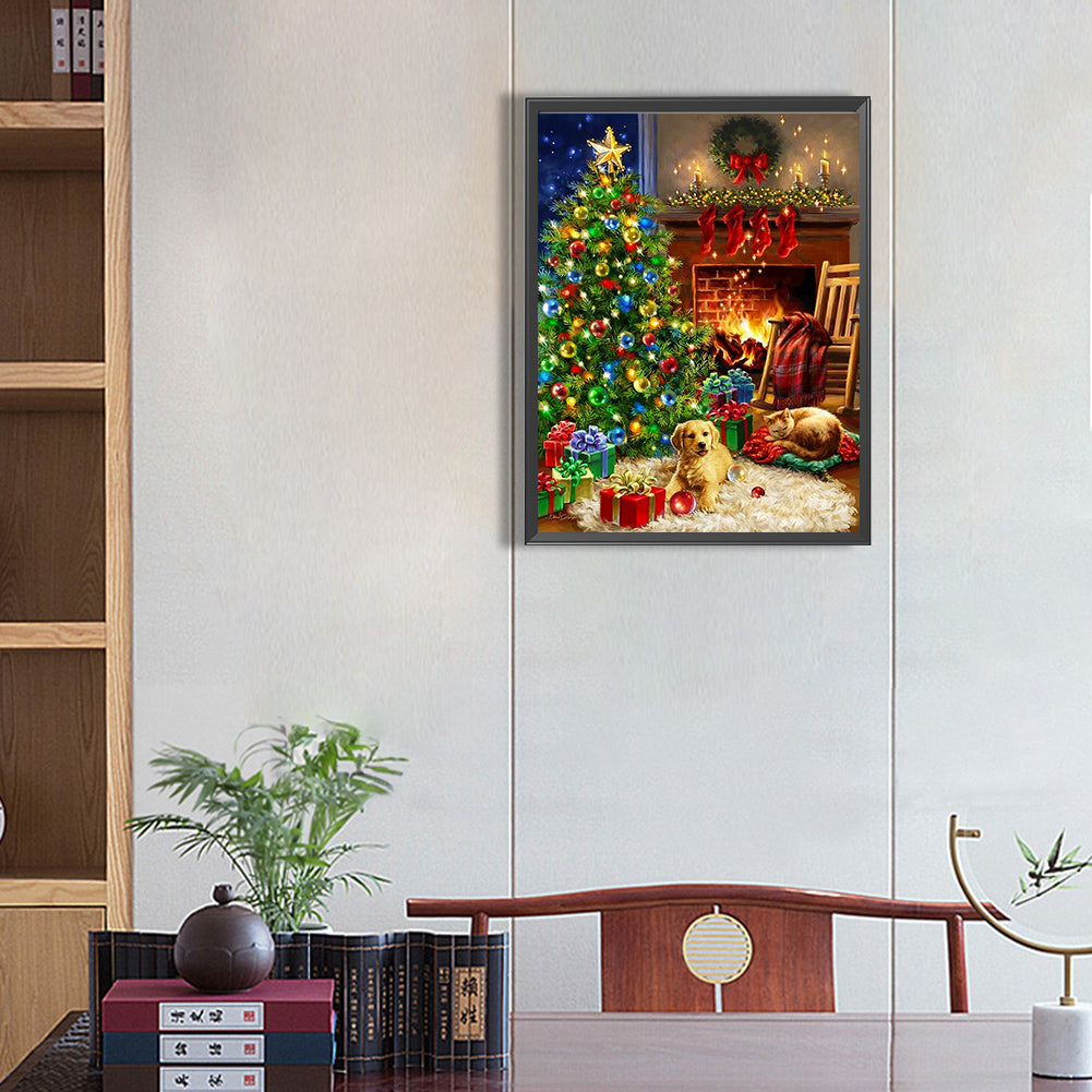 Christmas Fireplace Puppy - Full Square Drill Diamond Painting 30*40CM