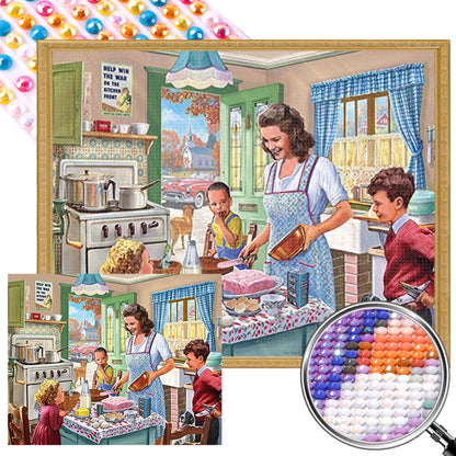 Mother And Child Enjoying Breakfast - Full AB Round Drill Diamond Painting 50*40CM