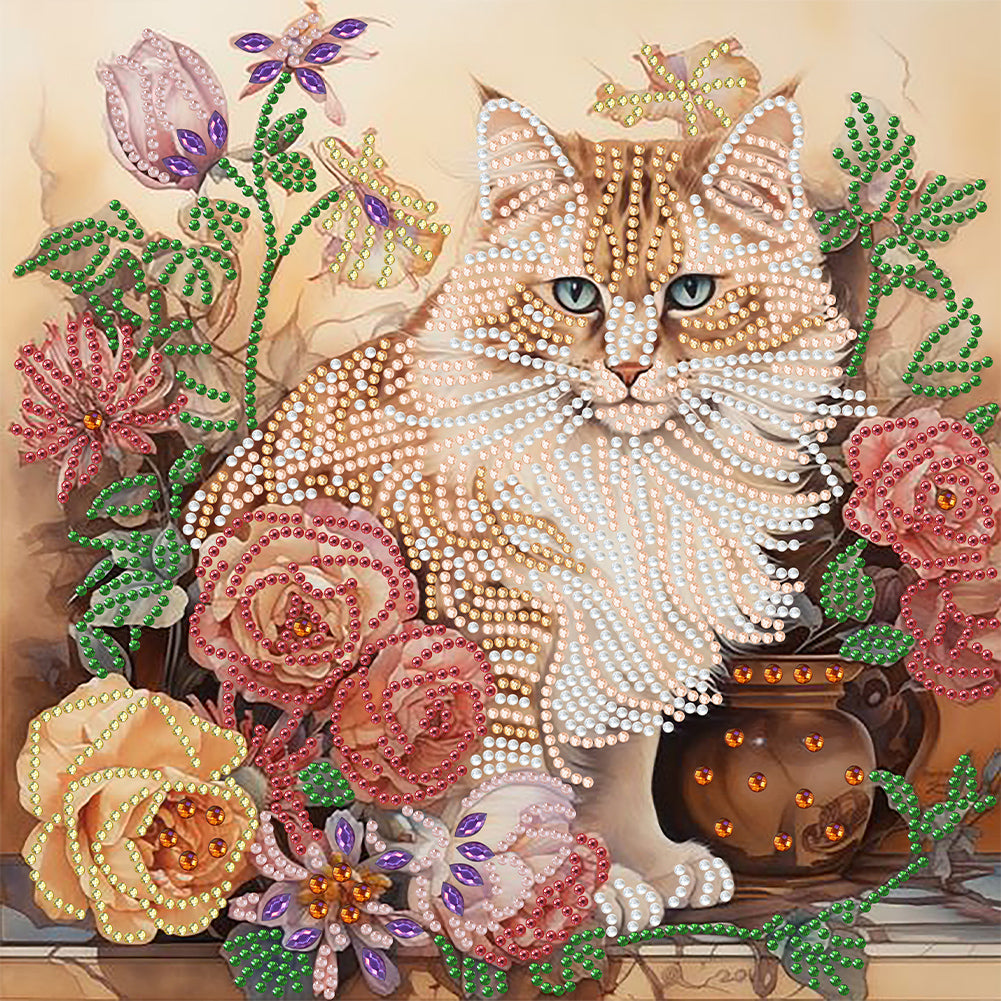 Flowers And Cats -Special Shaped Drill Diamond Painting  30*30CM