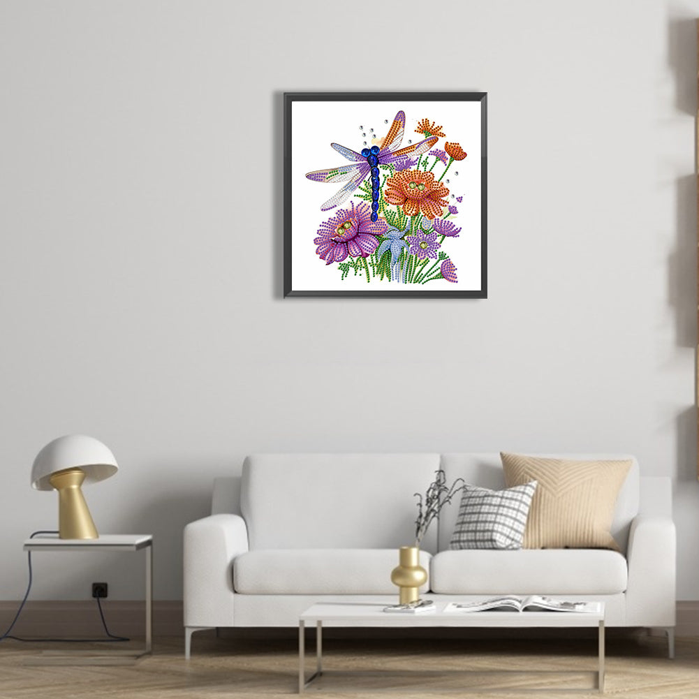 Flowers And Dragonflies - Special Shaped Drill Diamond Painting  30*30CM