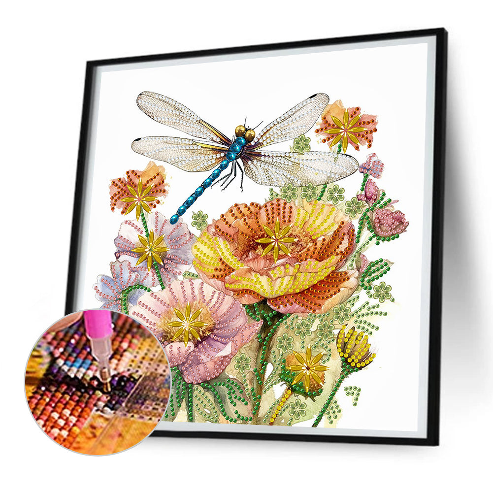 Flowers And Dragonflies - Special Shaped Drill Diamond Painting  30*30CM