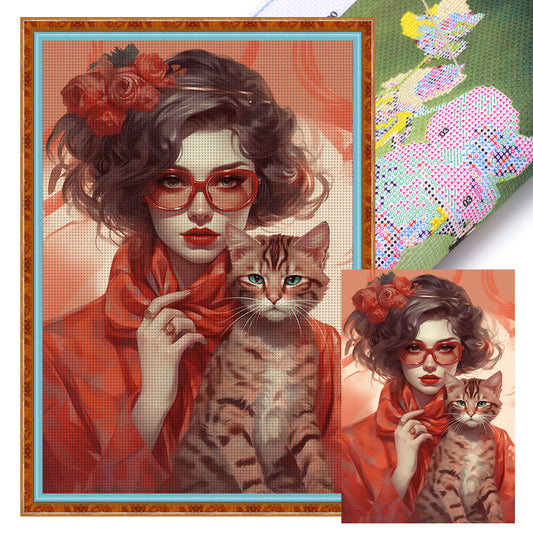 Girl And Cat - 11CT Stamped Cross Stitch 40*60CM