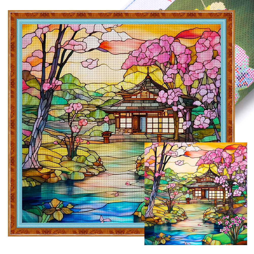 Glass Painting-Courtyard - 11CT Stamped Cross Stitch 50*50CM