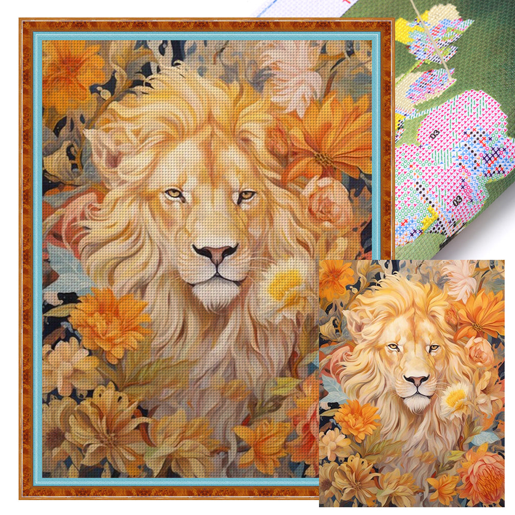 Flowers And Lion - 11CT Stamped Cross Stitch 50*65CM