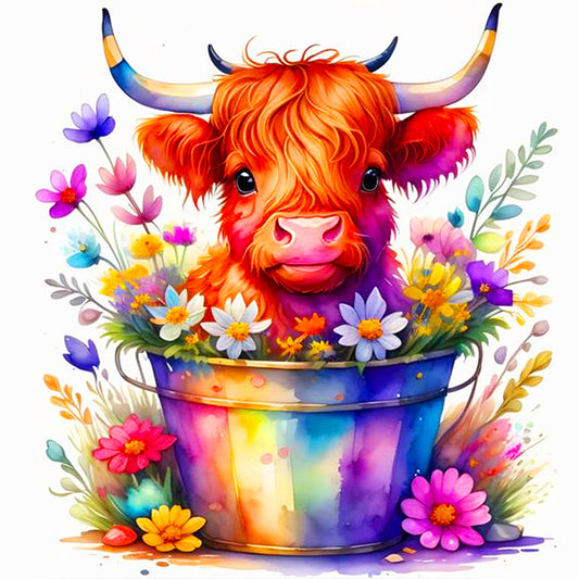 Cow In Flower Bucket - Full Round Drill Diamond Painting 40*40CM