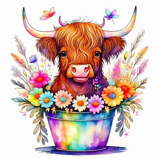 Flower Bucket And Cow - Full Round Drill Diamond Painting 40*40CM